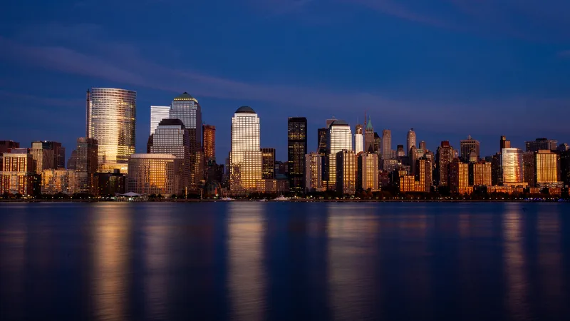 A city skyline at night