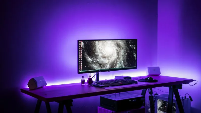 A gaming desk lit with purple light