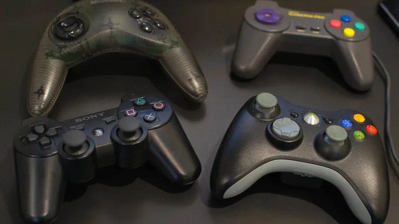 Several game controllers on a dark table
