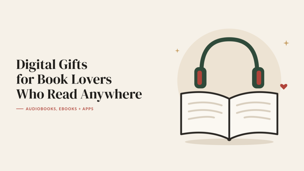 Illustration of an open book with headphones above it