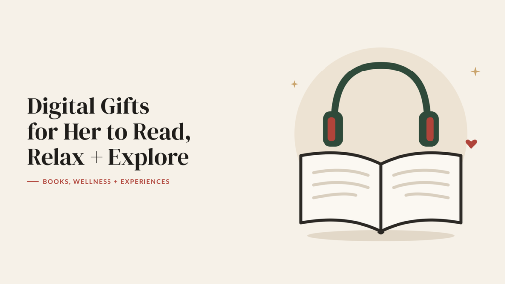 Illustration of an open book with headphones above it