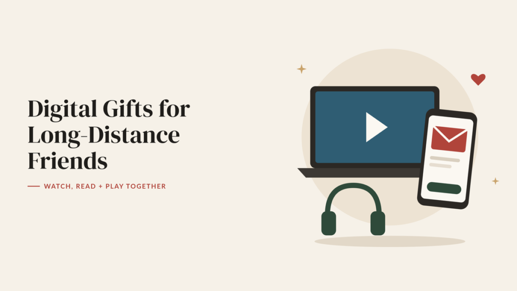 Illustration of a laptop, a phone showing an emailed gift and headphones