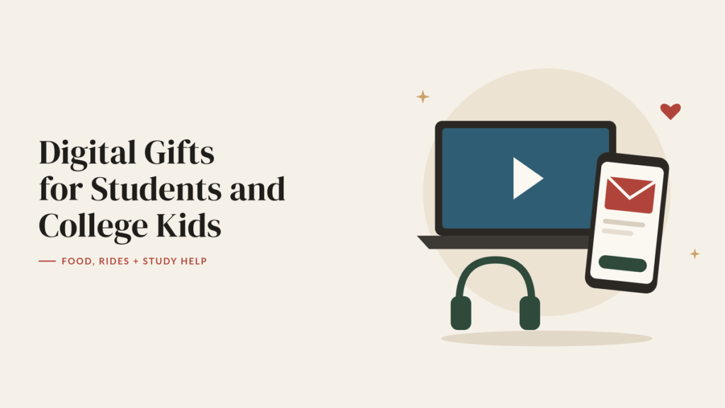 Illustration of a laptop, a phone showing an emailed gift and headphones