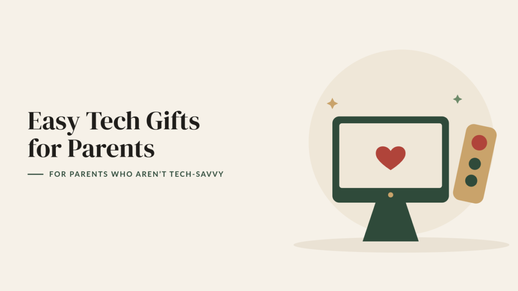 Illustration of a smart display with a heart and a simple big-button remote for an easy tech gift guide for parents