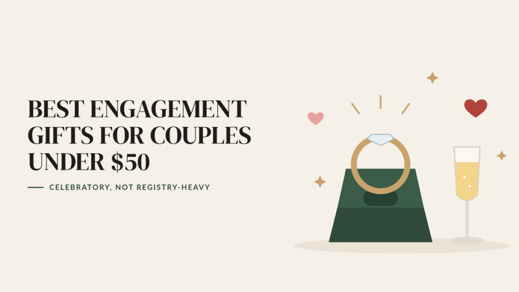 Illustration of a diamond engagement ring on a green ring box, a champagne flute and hearts, beside the headline Best Engagement Gifts for Couples Under $50