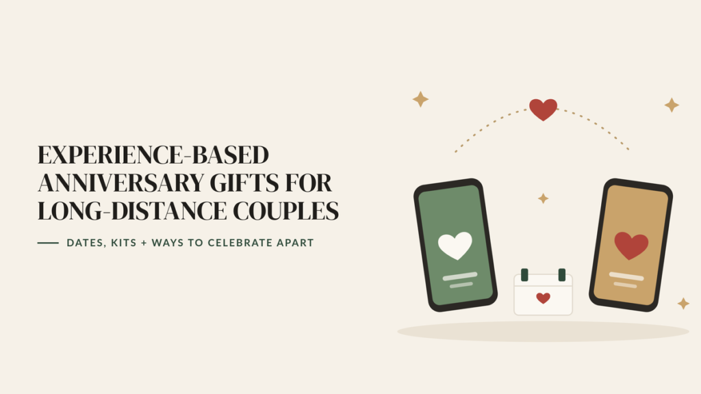 Illustration of two phones with hearts on their screens connected by a dotted line and a heart, with a calendar, beside the headline Experience-Based Anniversary Gifts for Long-Distance Couples