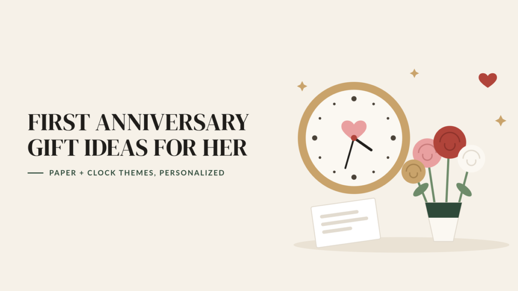 Illustration of a gold clock with a heart, a bouquet of roses in a vase and a handwritten note, beside the headline First Anniversary Gift Ideas for Her