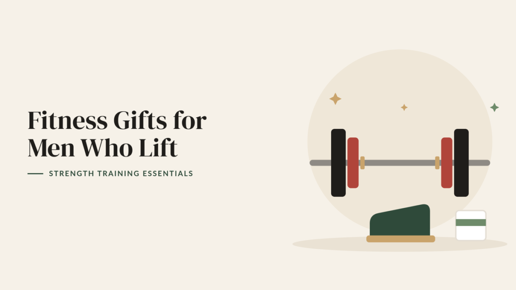 Illustration of a loaded barbell, a lifting belt and a chalk tub for a strength training gift guide