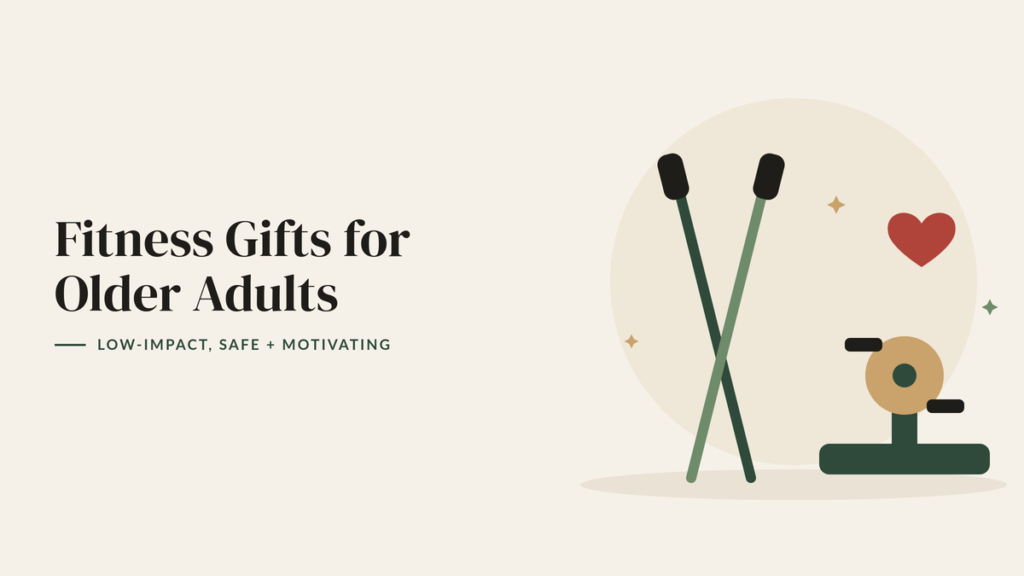 Illustration of Nordic walking poles, a pedal exerciser and a red heart for a fitness gift guide for older adults