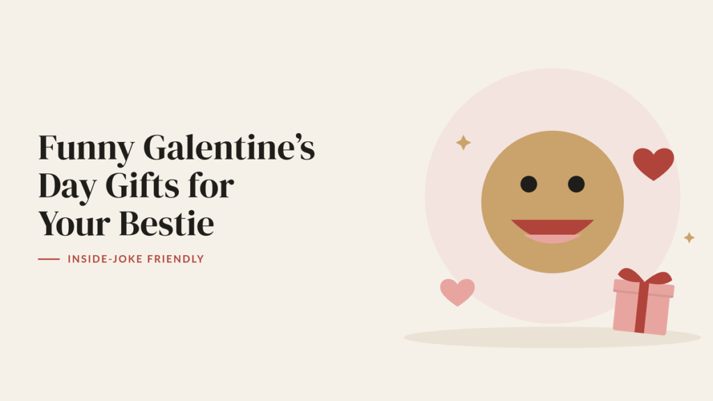 Illustration of a laughing golden face, red hearts and a gift box for a funny Galentine’s gift guide