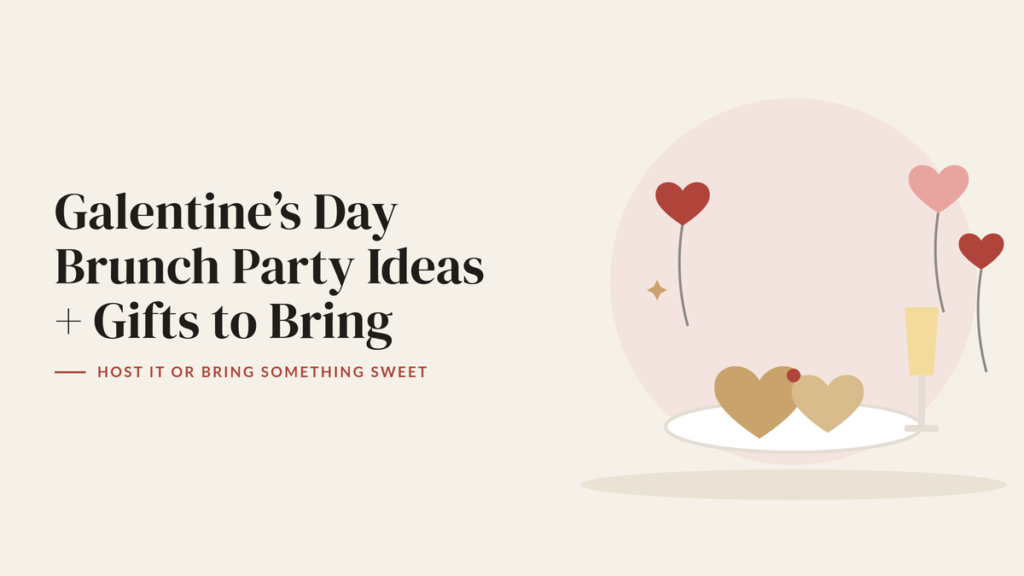 Illustration of heart-shaped waffles on a plate, a champagne flute and red and pink heart balloons for a Galentine’s brunch guide