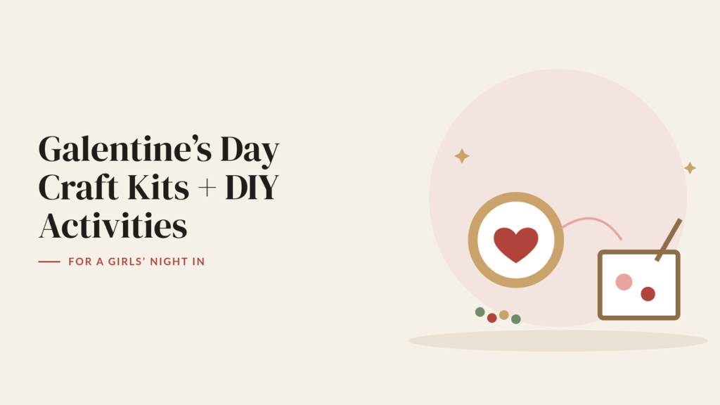Illustration of an embroidery hoop with a heart, a painted canvas and colorful beads for a Galentine’s craft guide