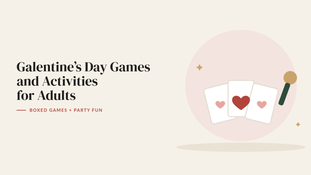 Illustration of three game cards with hearts and a microphone for a Galentine’s games guide