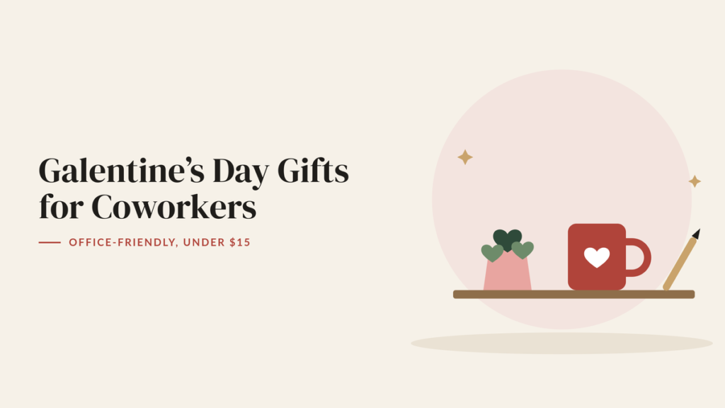 Illustration of a heart-leaf plant in a pink pot, a red mug with a heart and a pen on a desk for a coworker Galentine’s guide