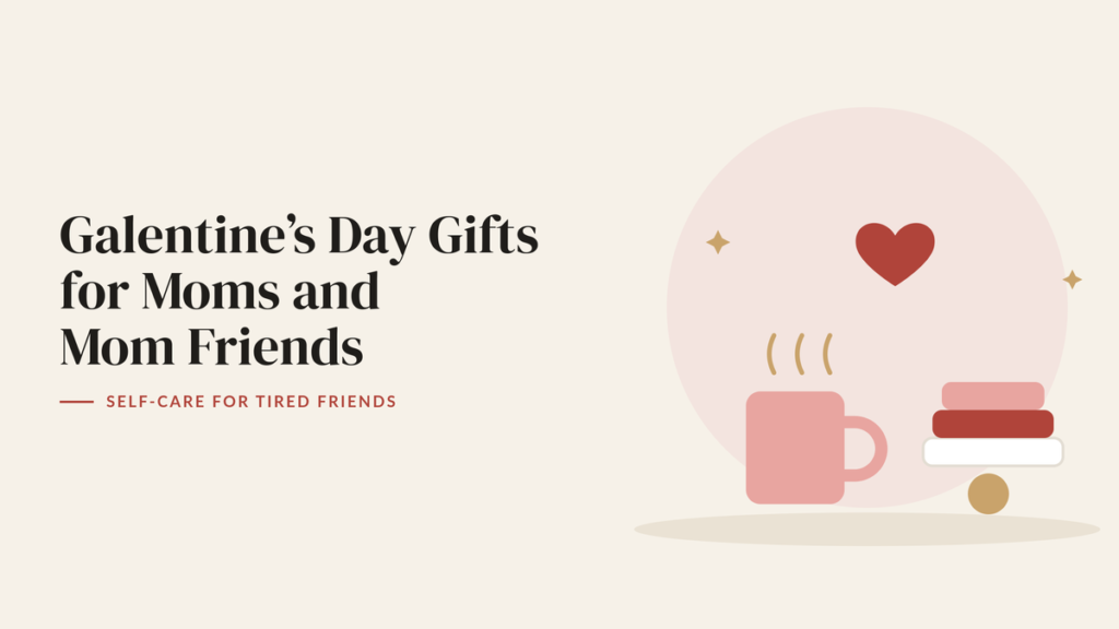 Illustration of a pink mug with steam, stacked folded towels and a red heart for a mom friend Galentine’s guide