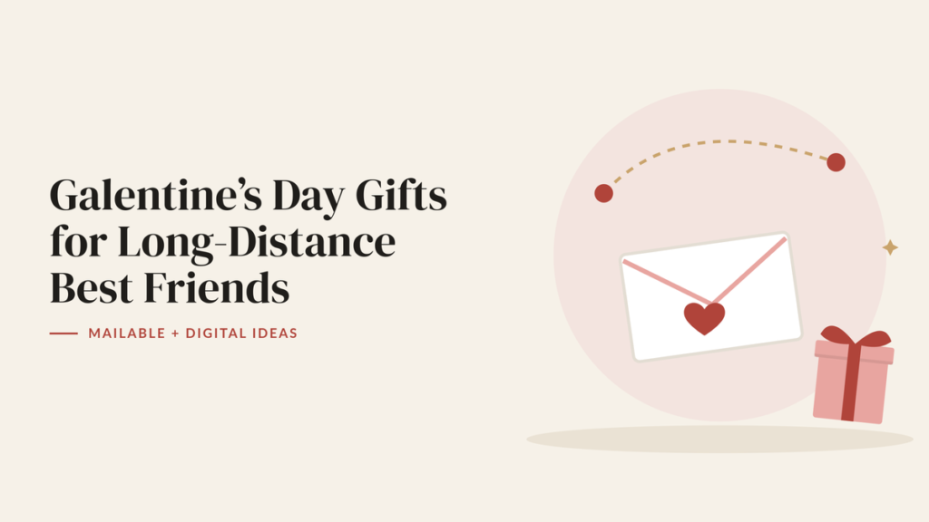 Illustration of an envelope with a red heart, a dotted line between two map points and a gift for a long-distance Galentine’s guide