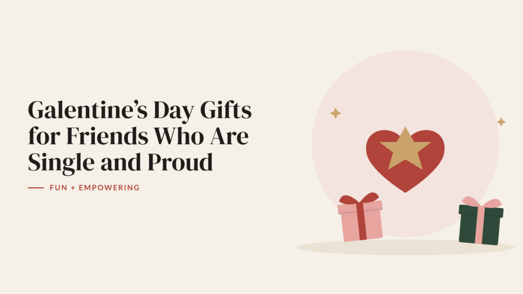 Illustration of a large red heart with a gold star and two gift boxes for a Galentine’s guide for single friends