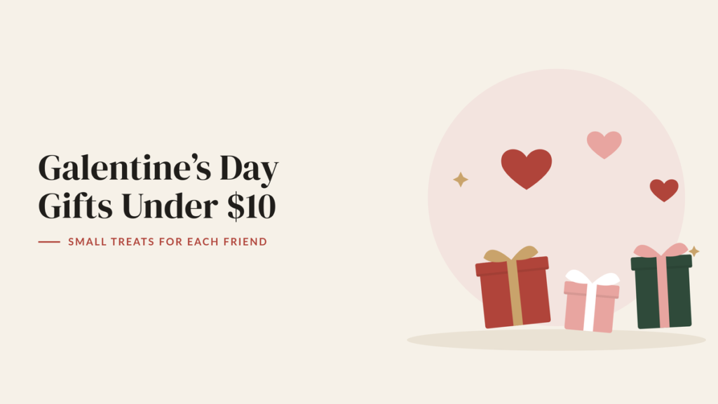 Illustration of small wrapped gifts and pink and red hearts for a Galentine’s Day gift guide