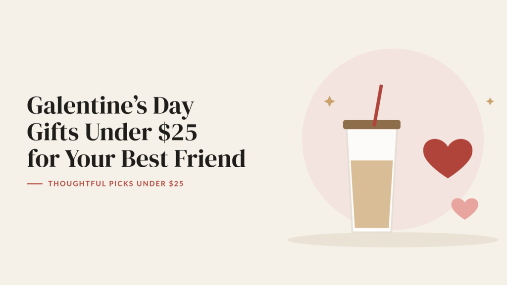 Illustration of an iced coffee glass with a straw and red hearts for a best friend Galentine’s gift guide