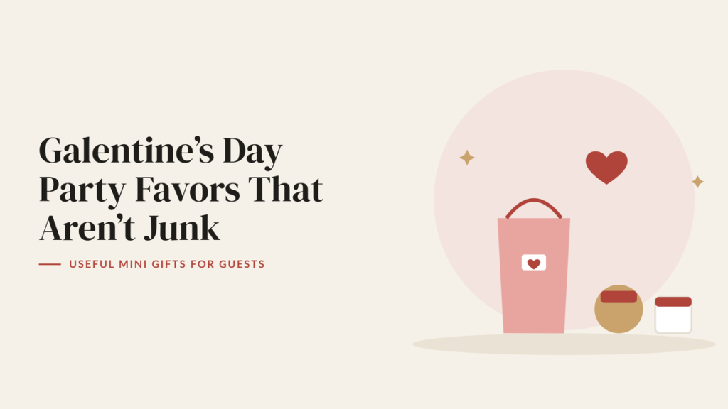 Illustration of a pink favor bag, a candle tin and a small jar with red hearts for a Galentine’s party favor guide