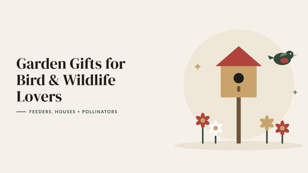 Illustration of a birdhouse on a post, a small bird and garden flowers for a wildlife gardening gift guide