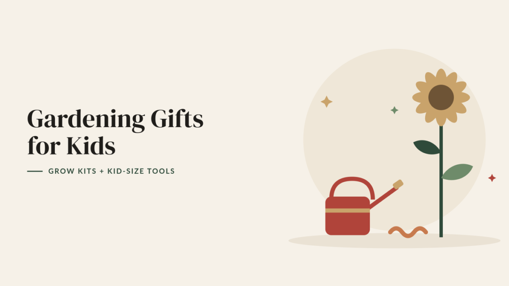 Illustration of a tall sunflower, a small red watering can and an earthworm for a kids gardening gift guide