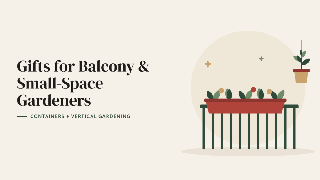 Illustration of a red railing planter with flowers on a balcony railing and a hanging pot for a small-space gardening gift guide