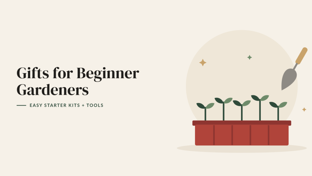 Illustration of seedlings sprouting in a red seed tray and a garden trowel for a beginner gardening gift guide