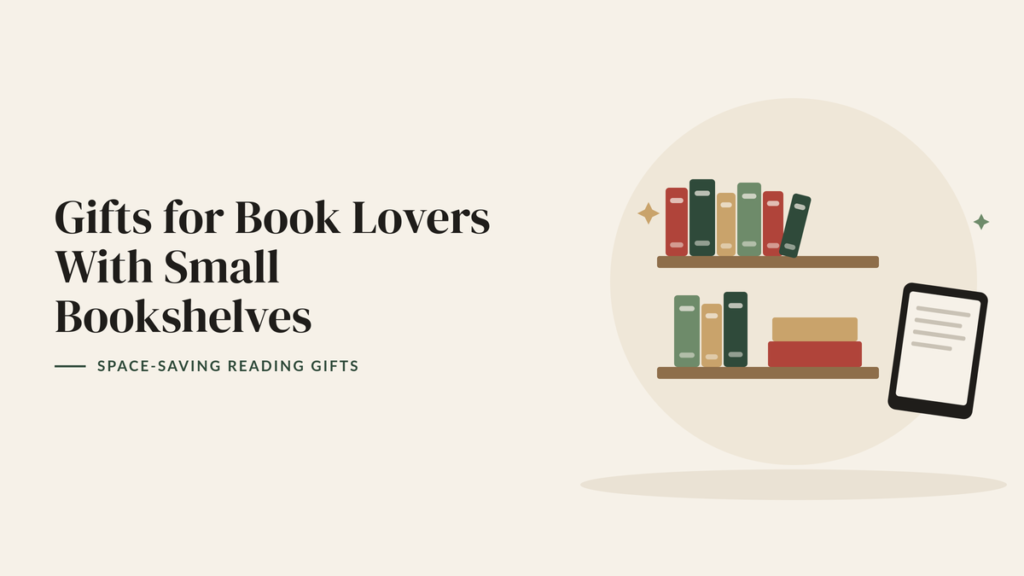 Illustration of books on two small wooden shelves and an e-reader for a space-saving book lover gift guide