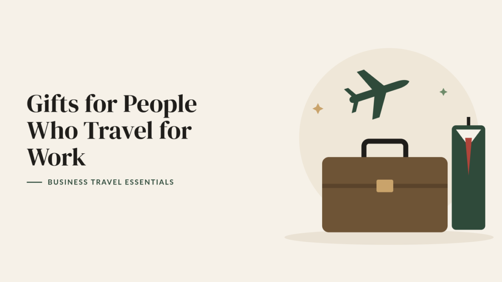 Illustration of a brown briefcase, a garment bag with a red tie and an airplane for a business travel gift guide