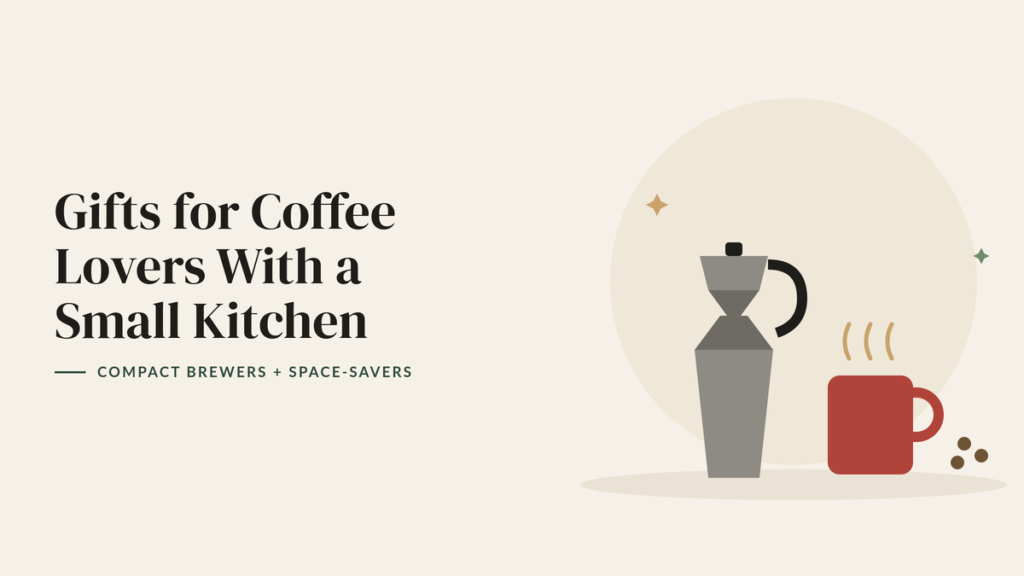 Illustration of a stovetop moka pot, a red coffee mug with steam and coffee beans for a small kitchen coffee gift guide
