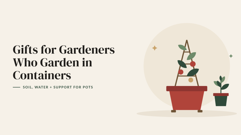 Illustration of a tomato plant climbing a trellis in a red container pot beside a smaller potted plant for a container gardening gift guide