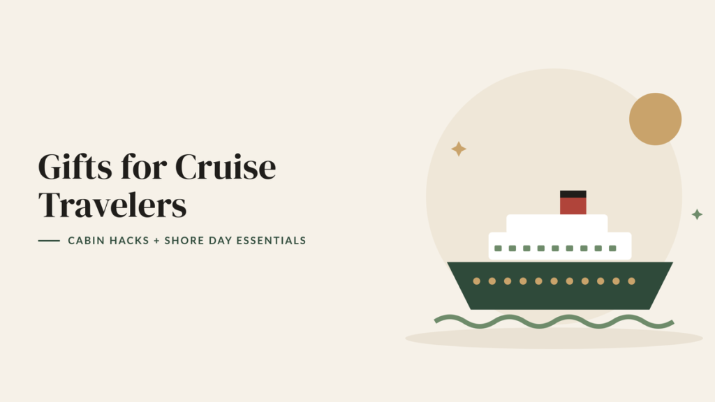 Illustration of a cruise ship on waves with a golden sun for a cruise gift guide
