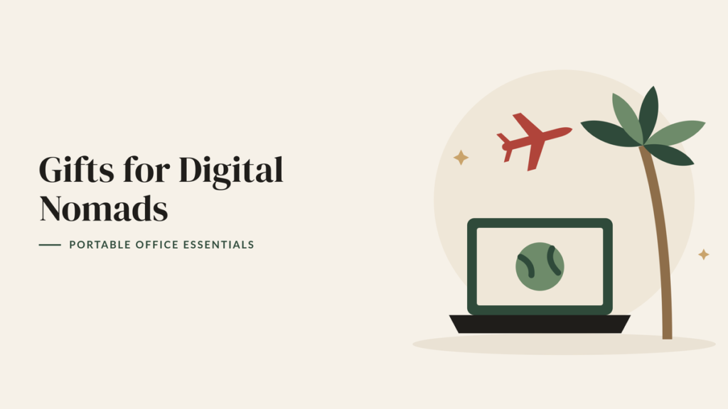 Illustration of a laptop showing a globe beside a palm tree and a small airplane for a digital nomad gift guide