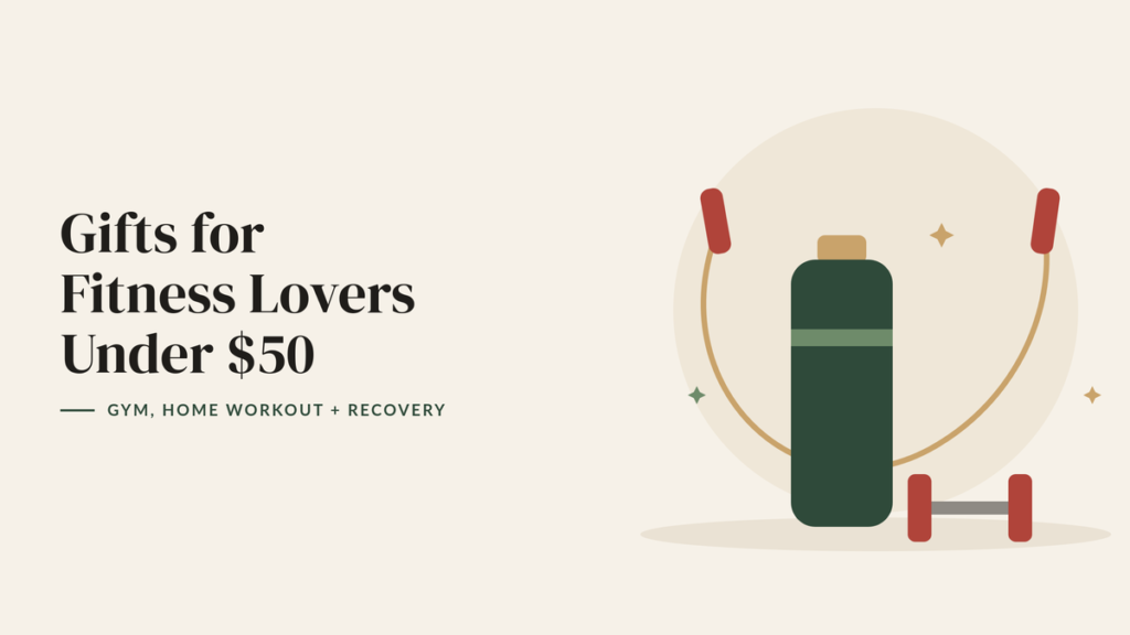 Illustration of a water bottle, a red dumbbell and a jump rope for a fitness gift guide