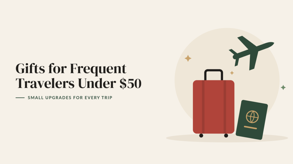 Illustration of a red suitcase, a passport and an airplane for a travel gift guide