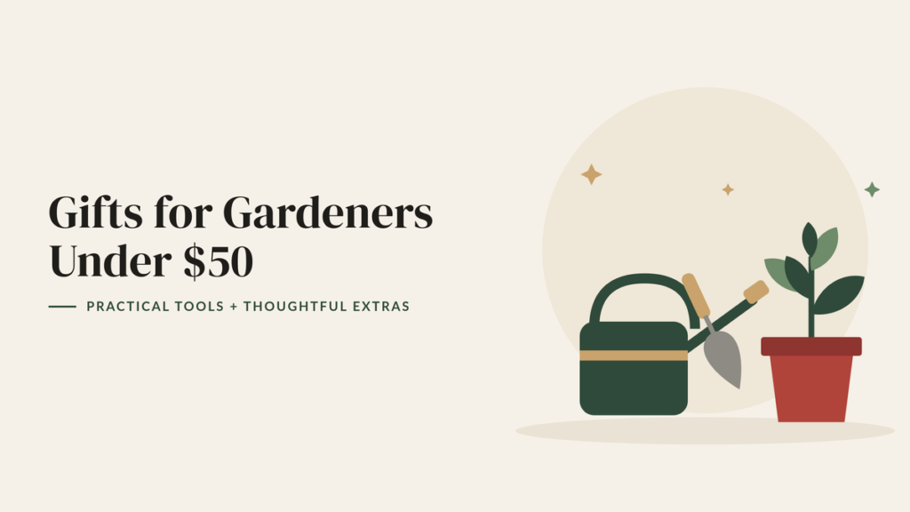 Illustration of a green watering can, a garden trowel and a potted plant for a gardening gift guide