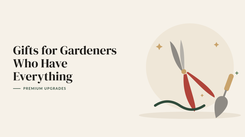 Illustration of red-handled pruning shears, a garden trowel and a green hose for a premium gardening gift guide