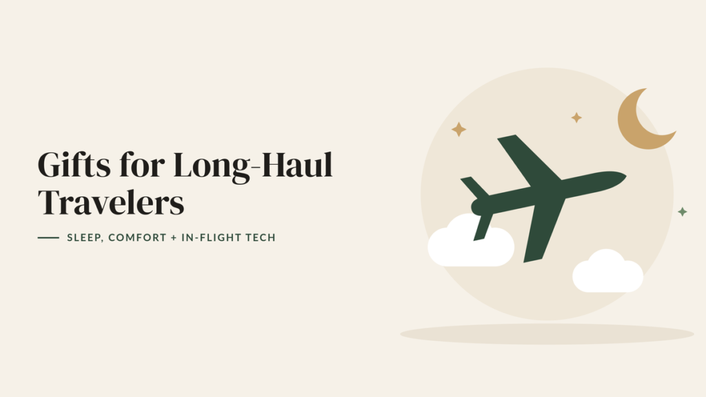 Illustration of an airplane flying over white clouds with a crescent moon for a long-haul travel gift guide