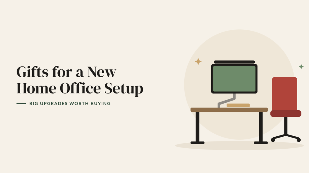 Illustration of a standing desk with a monitor on an arm and a red office chair for a home office gift guide