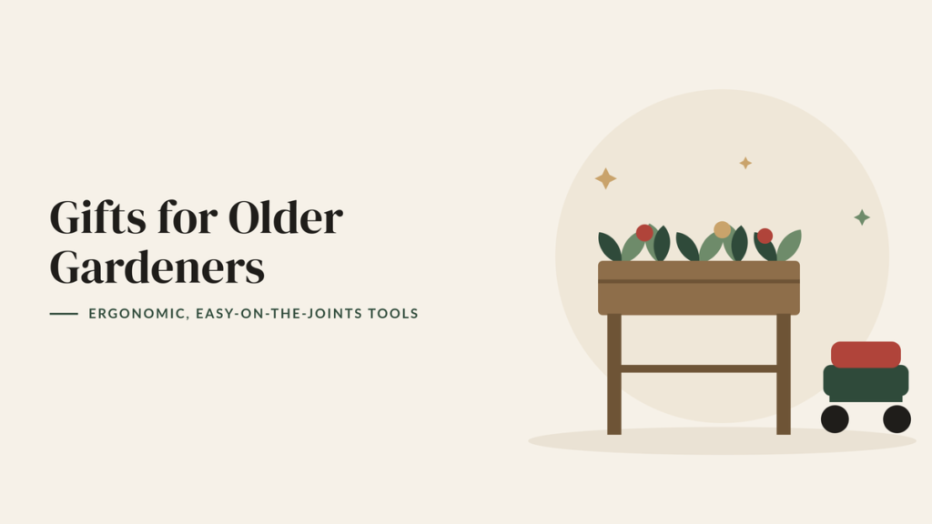Illustration of a waist-high wooden elevated planter with flowers and a rolling garden seat for an ergonomic gardening gift guide