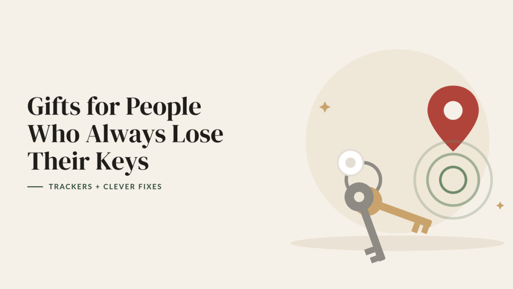 Illustration of a set of keys on a ring, a tracker tag and a red location pin for a key finder gift guide