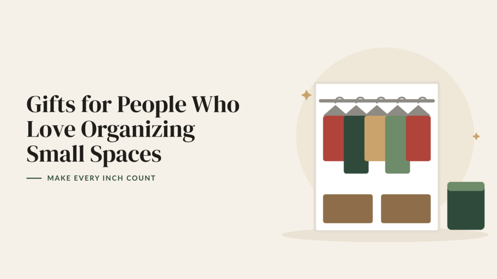 Illustration of a tidy closet with colorful clothes on hangers and storage boxes for a small-space organizing gift guide