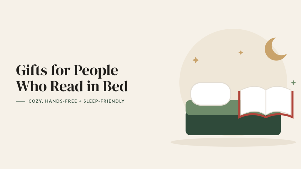 Illustration of an open book on a bed with a pillow, a reading light and a crescent moon for a bedtime reading gift guide