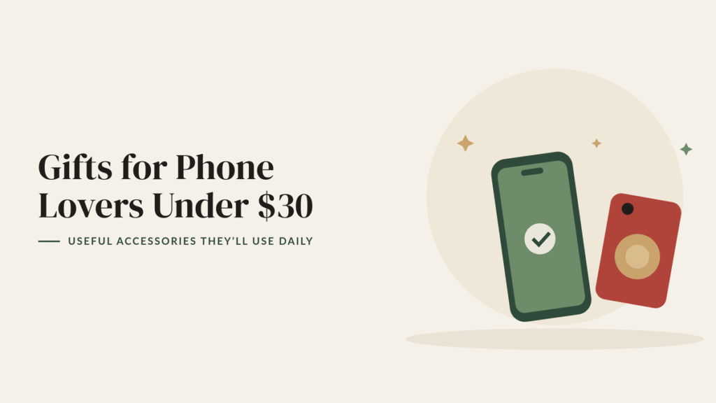 Illustration of a green smartphone and a red phone case with a gold grip for a phone accessories gift guide