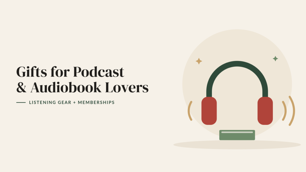 Illustration of red headphones with sound waves and a book for a podcast and audiobook gift guide