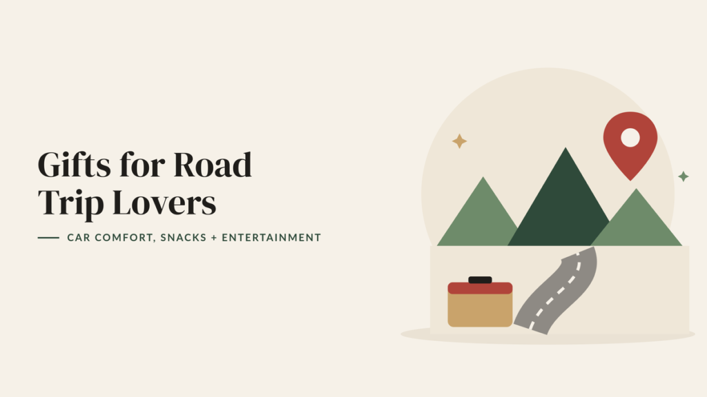 Illustration of a winding road through green mountains with a red map pin and a cooler for a road trip gift guide