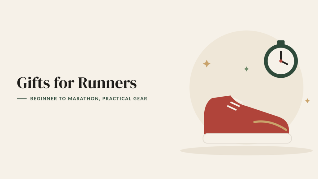 Illustration of a red running shoe and a stopwatch for a gifts for runners guide