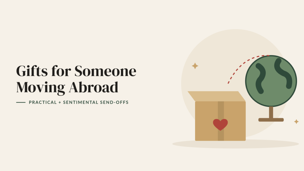 Illustration of a moving box with a red heart, a globe and a dotted travel line for a moving abroad gift guide