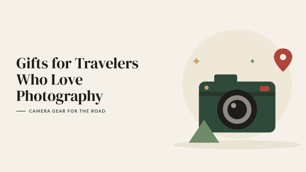 Illustration of a green camera, a red map pin and a small mountain for a travel photography gift guide